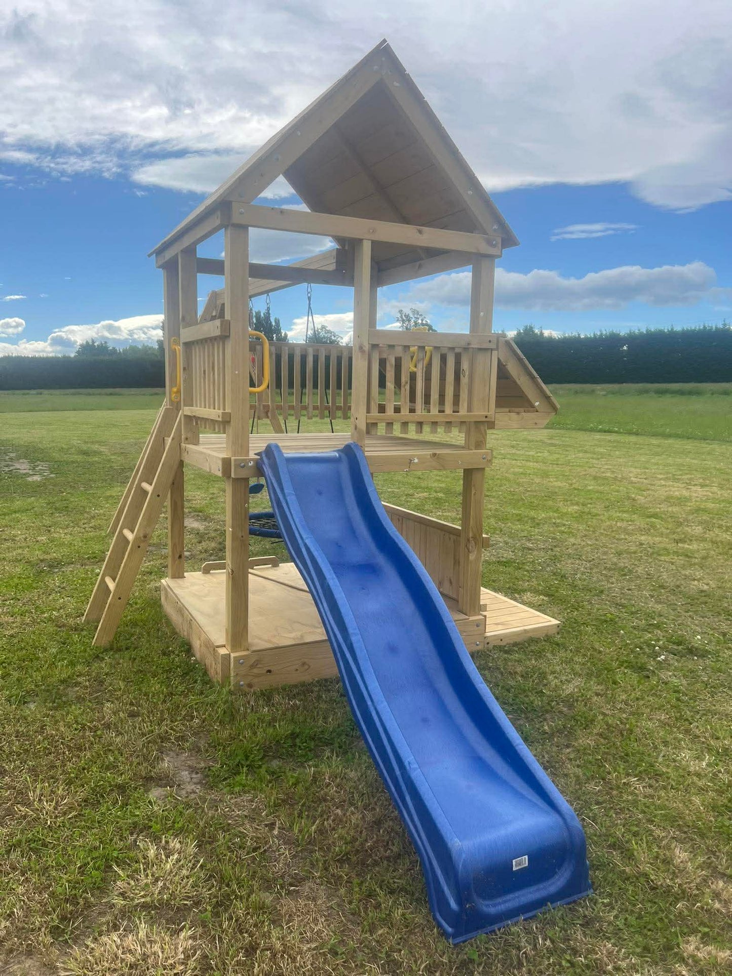 Large 1.5mx1.5m Play Tower (#6) - shopfront, slide, covered sandpit, net & flexible swing