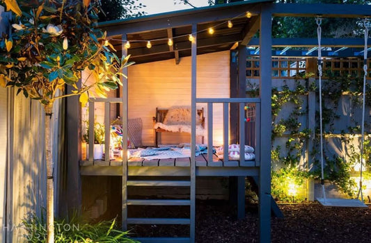 Acacia Playhouse (#3) - Large Painted with slide, monkey bars, swings and pergola