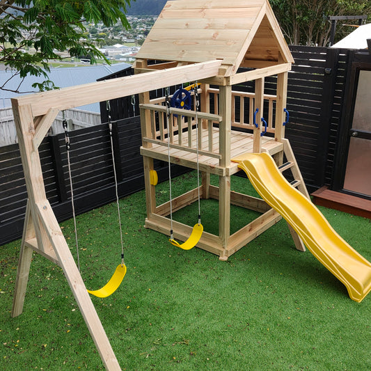 Large 1.5mx1.5m Play Tower (#1) - with slide, sandpit and swings
