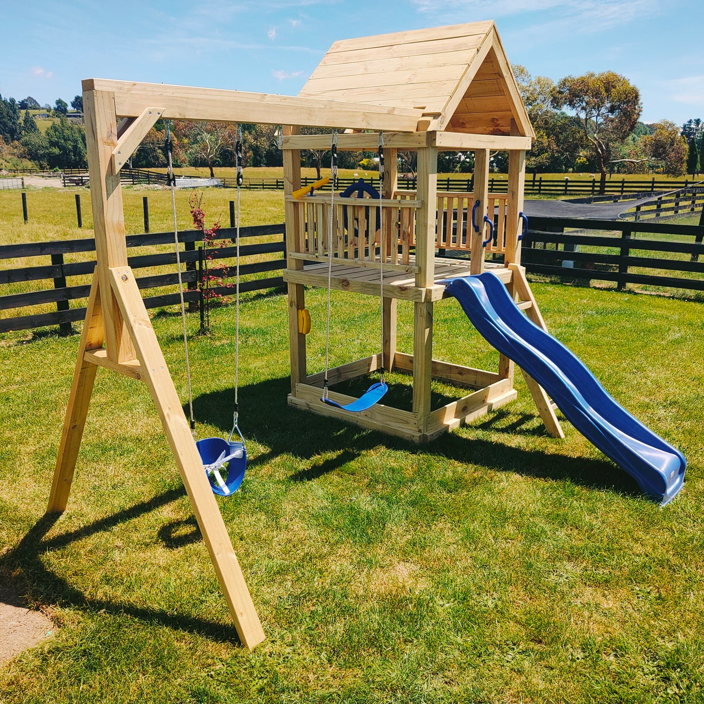 Large 1.5mx1.5m Play Tower (#1) - with slide, sandpit and swings