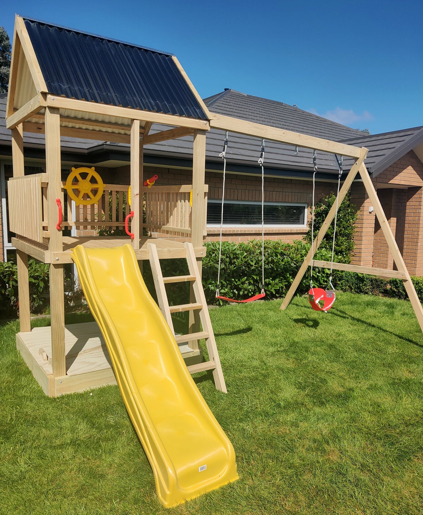 1.5mx1.5m Playground Tower (#2) - with slide, sandpit, sandpit cover and swings