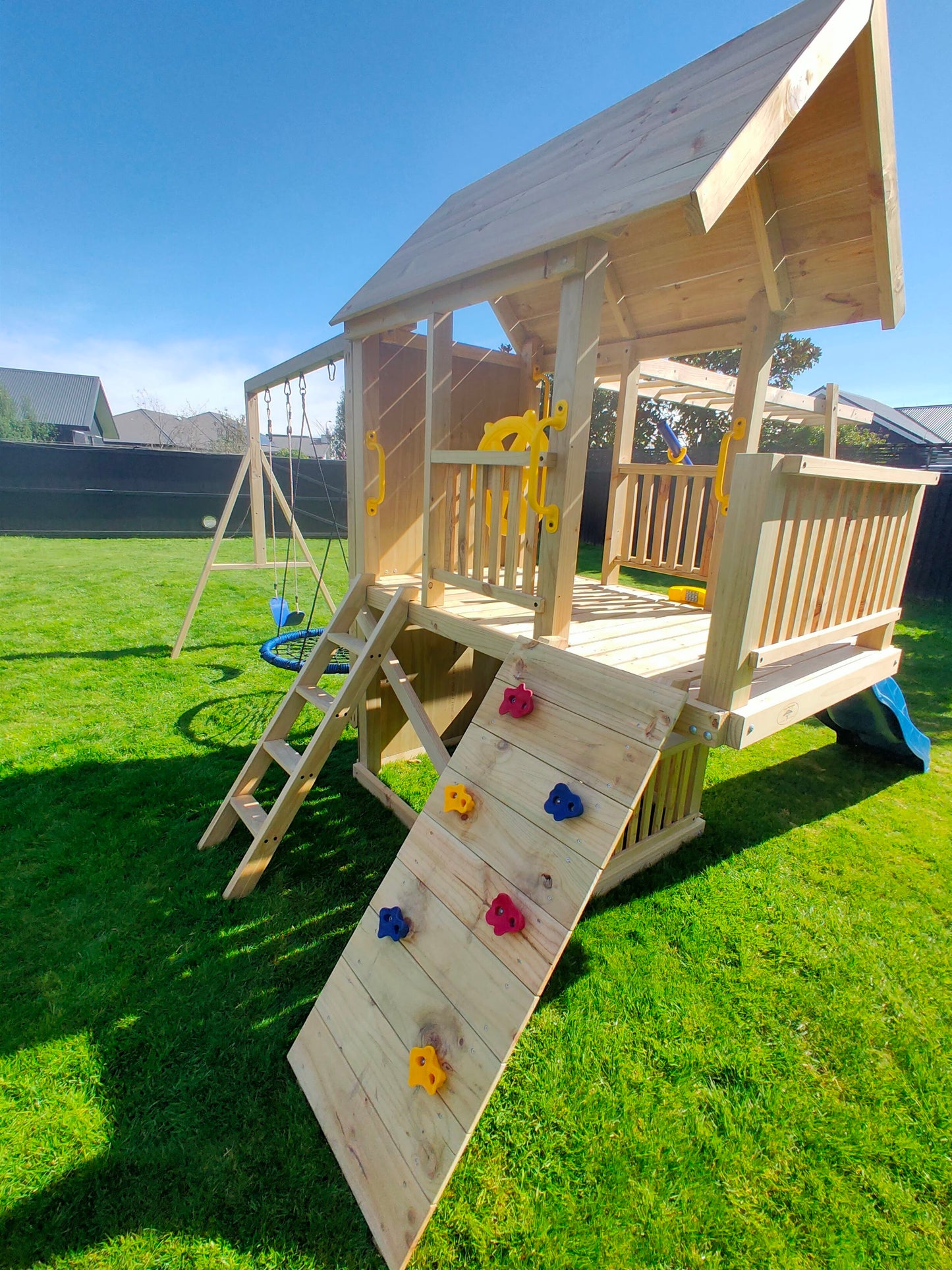 1.2mx2.1m Playground Tower (#9)-Balcony version with monkey bars, wave slide, swings and rock walls