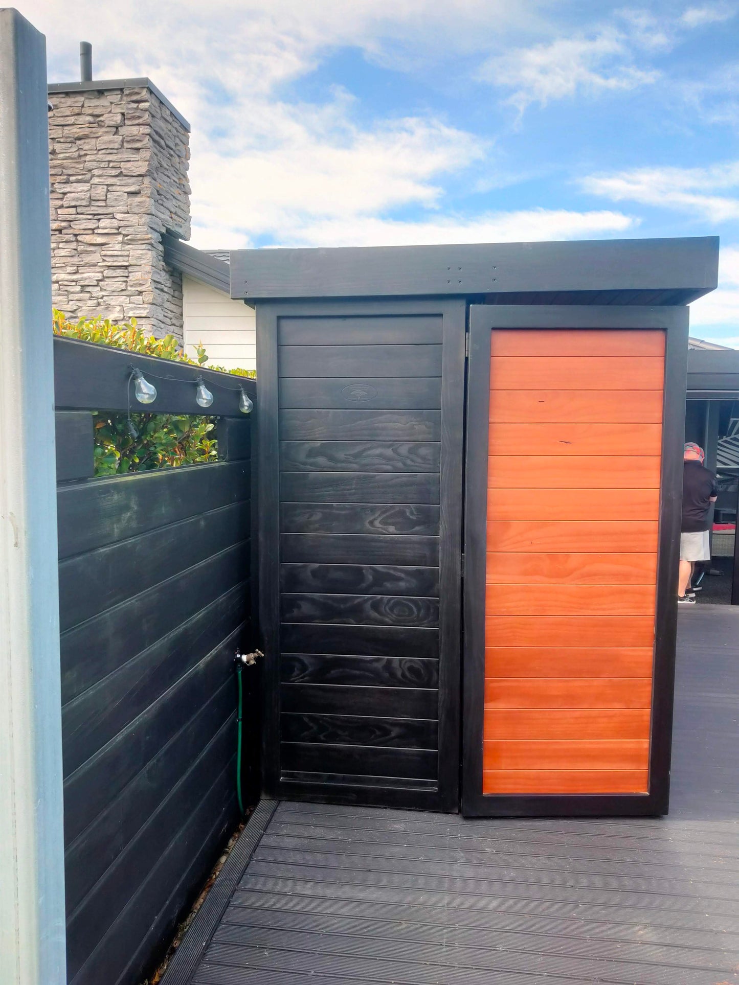 3.5m wide Custom BBQ Enclosure with Bifold Barn Style Doors and cantilever canopy.