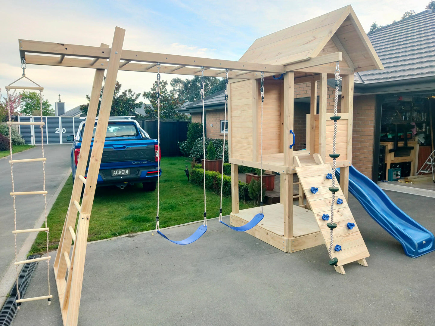 Medium 1.5mx1.2m Play Cubby Tower (#1)- Monkey bars swing beam, wave slide with platform, rock wall and sandpit with cover