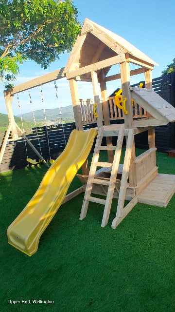 Standard 1.2mx1.2m Play Tower (#6) - with shopfront, patio, slide and swings