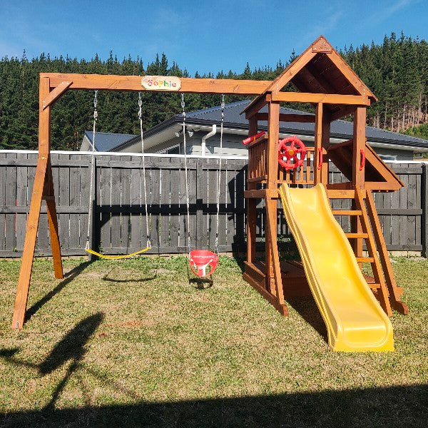 Standard 1.2mx1.2m Play Tower (#6) - with shopfront, patio, slide and swings