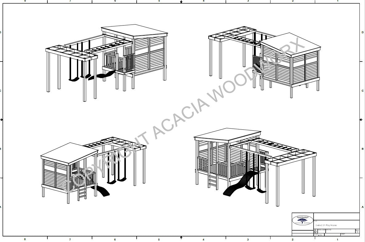 Acacia Playhouse (#3) - Large Painted with slide, monkey bars, swings and pergola