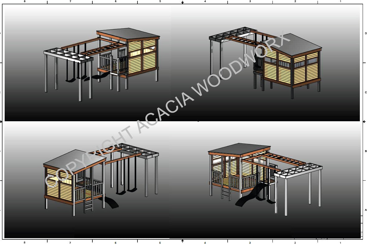 Acacia Playhouse (#3) - Large Painted with slide, monkey bars, swings and pergola