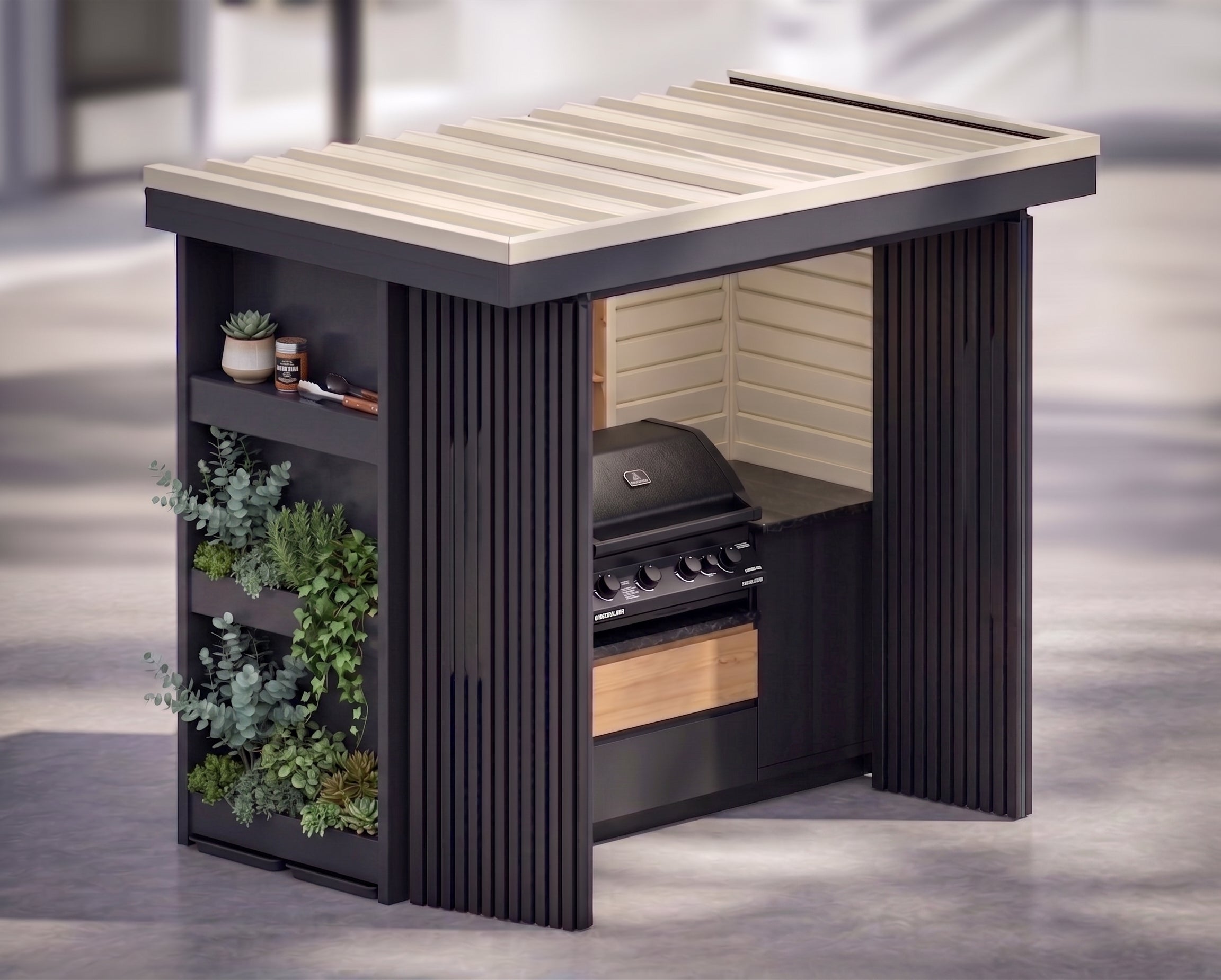 BBQ Pod Complete (#4) 2.8m – Bifold Doors, Cantilever Roof & Planter | Acacia WoodworX