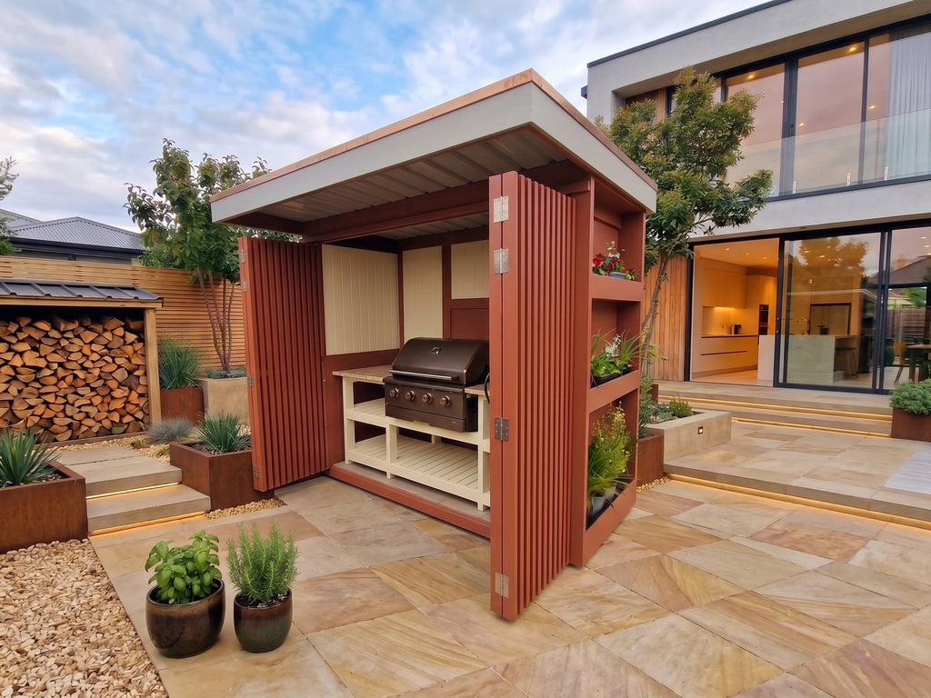 BBQ Pod Outdoor Kitchen Complete (#4) – 2.8m, Matador 4-Burner Built-In BBQ, Bifold Doors & Cantilever Roof