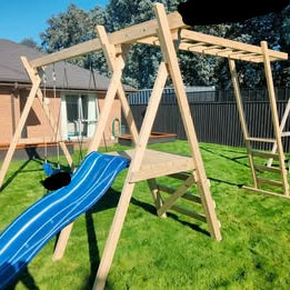Small Wooden Playground Set with Monkey Bars, Slide & Net Swing