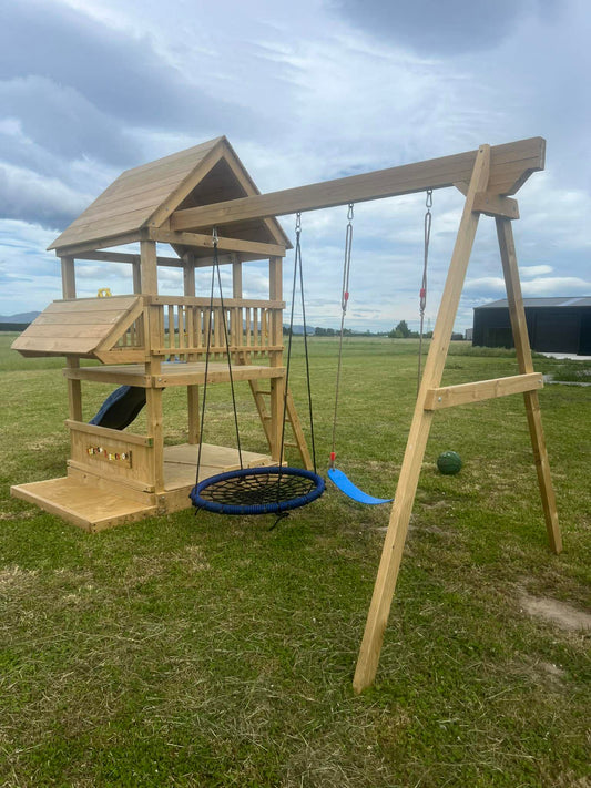 Large 1.5mx1.5m Play Tower (#6) - shopfront, slide, covered sandpit, net & flexible swing