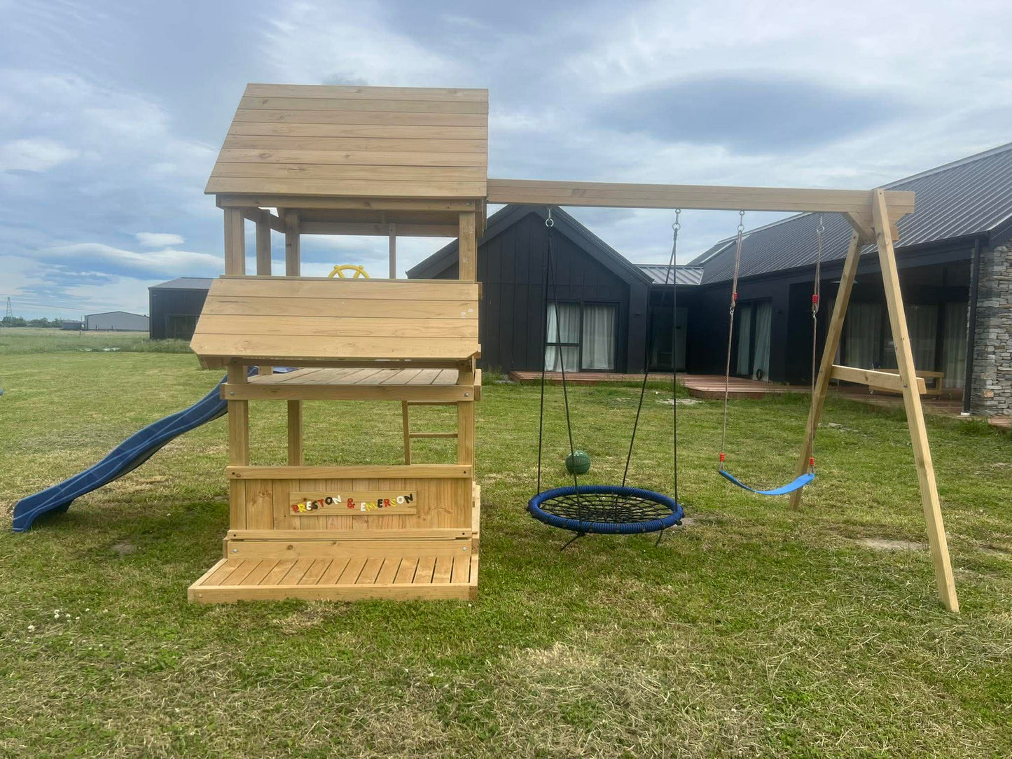 Large 1.5mx1.5m Play Tower (#6) - shopfront, slide, covered sandpit, net & flexible swing