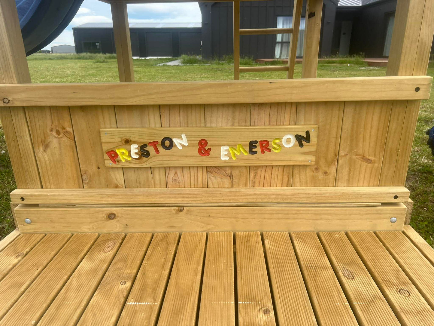 Large 1.5mx1.5m Play Tower (#6) - shopfront, slide, covered sandpit, net & flexible swing