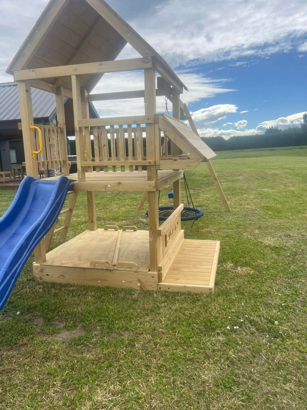 Large 1.5mx1.5m Play Tower (#6) - shopfront, slide, covered sandpit, net & flexible swing