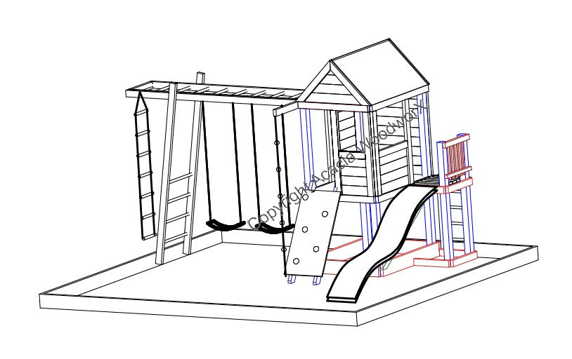Medium 1.5mx1.2m Play Cubby Tower (#1)- Monkey bars swing beam, wave slide with platform, rock wall and sandpit with cover