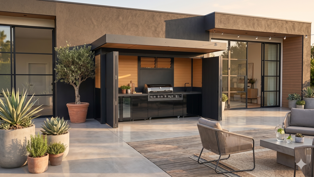BBQ Enclosure (#4) 4.2m, Bifold WPC Doors & Canopy Roof | Outdoor Kitchen Cover NZ