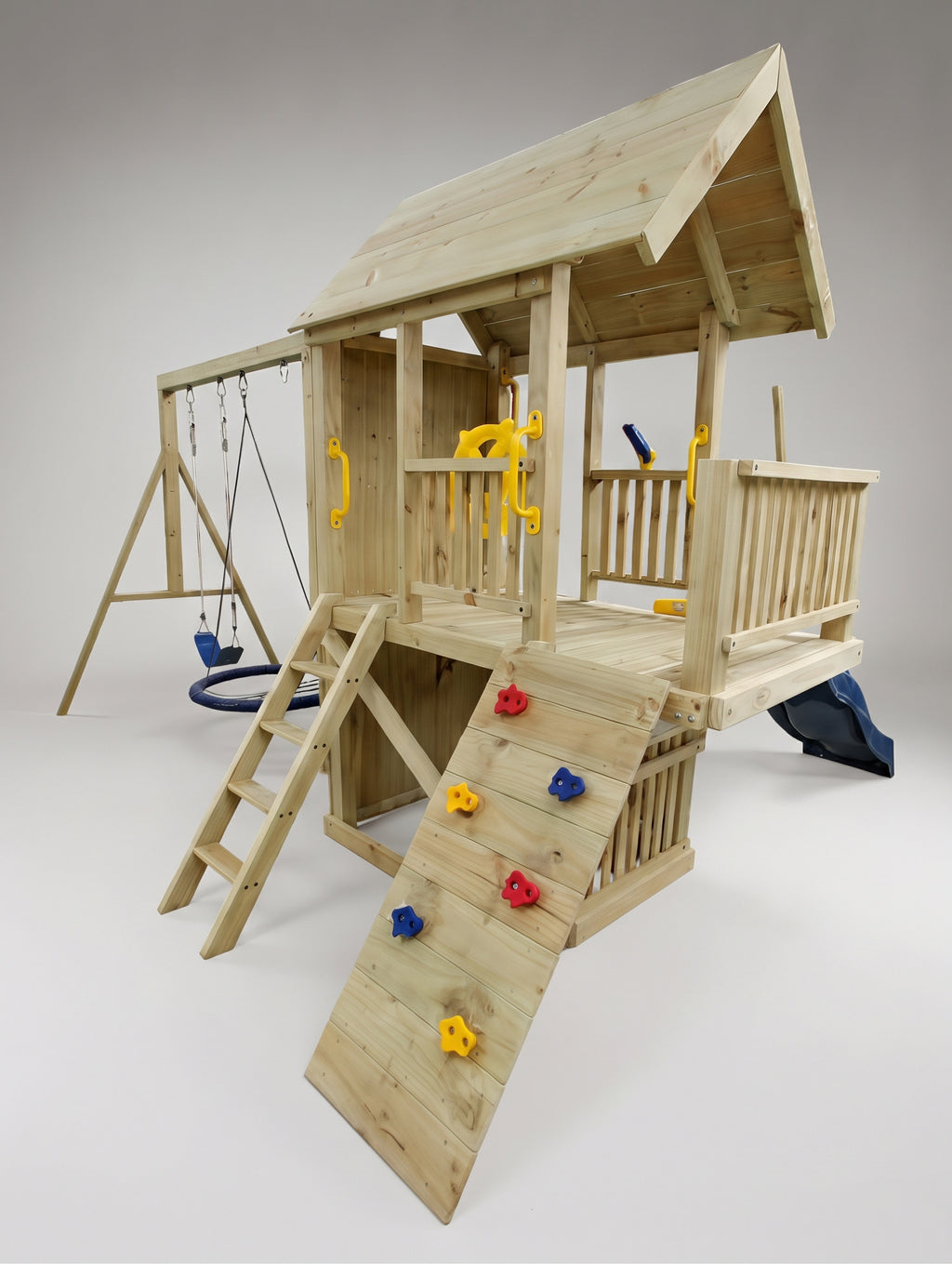 Super Large 2.1mx1.2m Balcony Tower Ultimate (#3)- slide, net and flexi swing and 2x rock walls