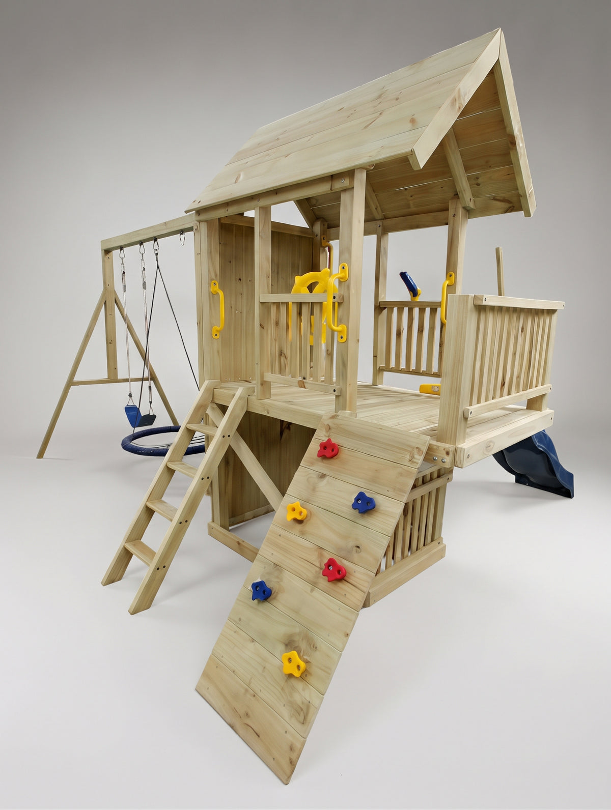 Super Large 2.1mx1.2m Balcony Tower Ultimate (#3)- slide, net and flexi swing and 2x rock walls