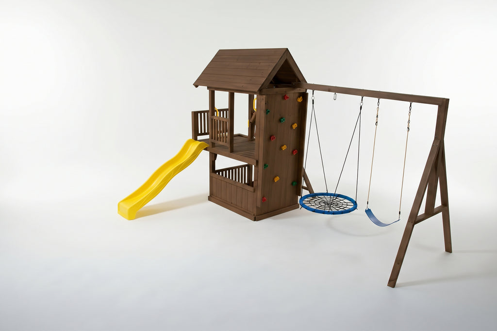 Super Large 2.1mx1.2m Balcony Tower Ultimate (#3)- slide, net and flexi swing and 2x rock walls