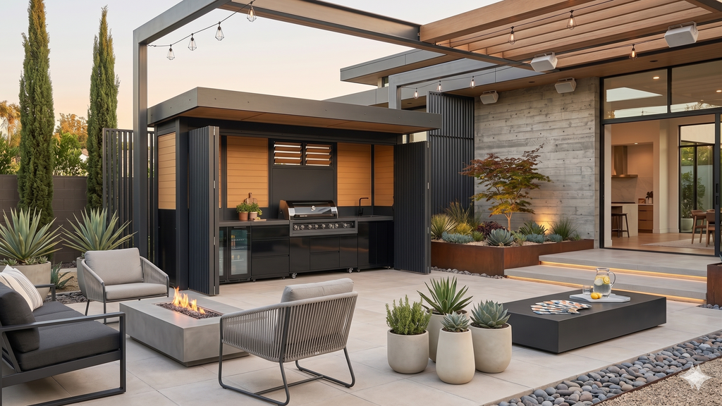 BBQ Enclosure (#4) 4.2m, Bifold WPC Doors & Canopy Roof | Outdoor Kitchen Cover NZ