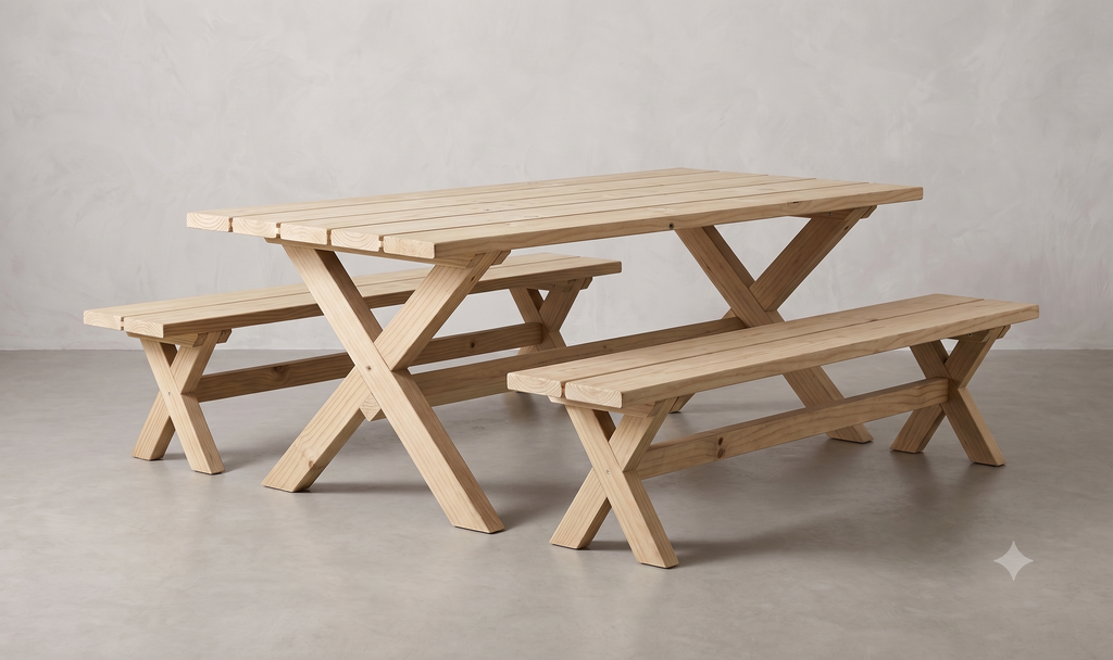 Premium Radiata X-Table with matching Benches