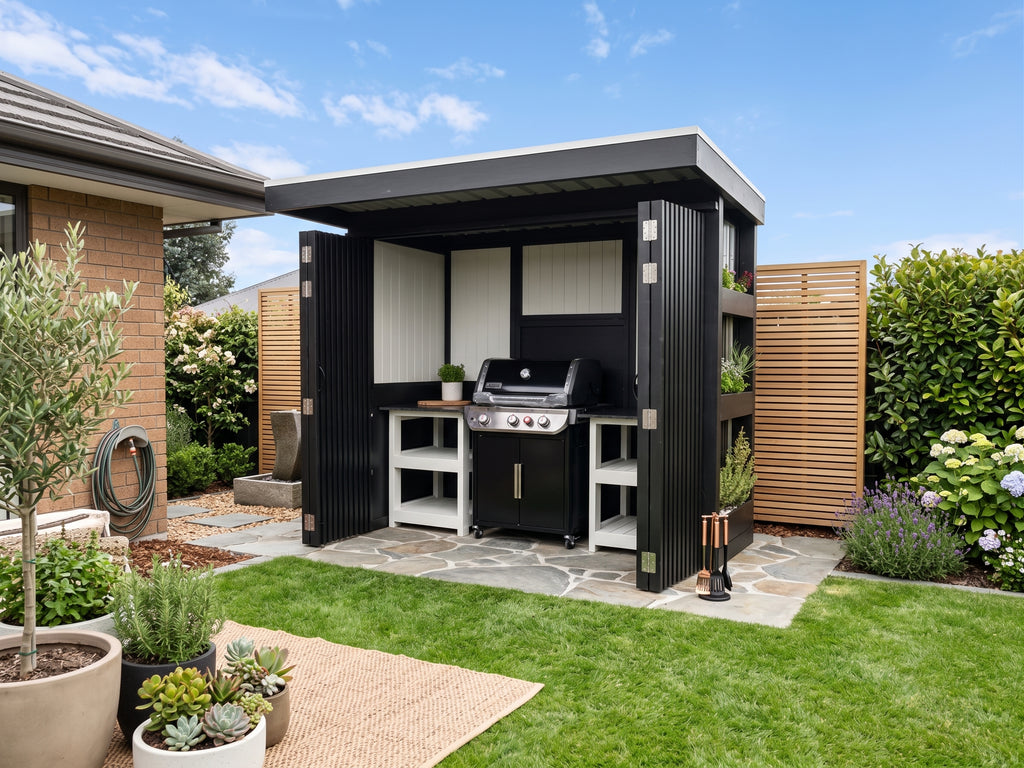 BBQ Pod Outdoor Kitchen Complete (#5) – 2.8m, Weber Built-In BBQ, Bifold Doors & Cantilever Roof