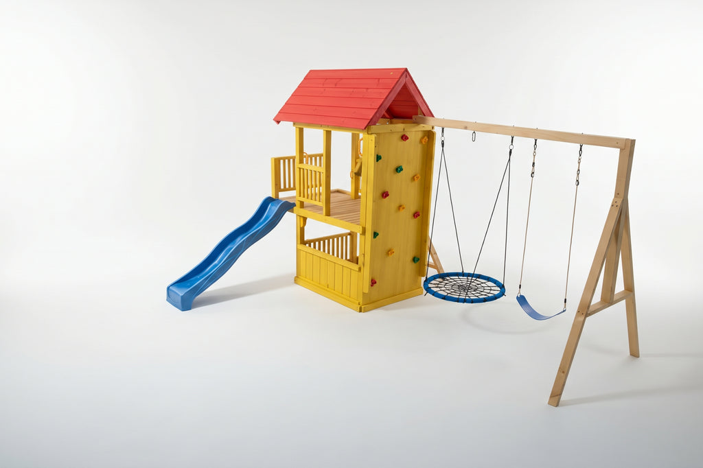 Super Large 2.1mx1.2m Balcony Tower Ultimate (#3)- slide, net and flexi swing and 2x rock walls