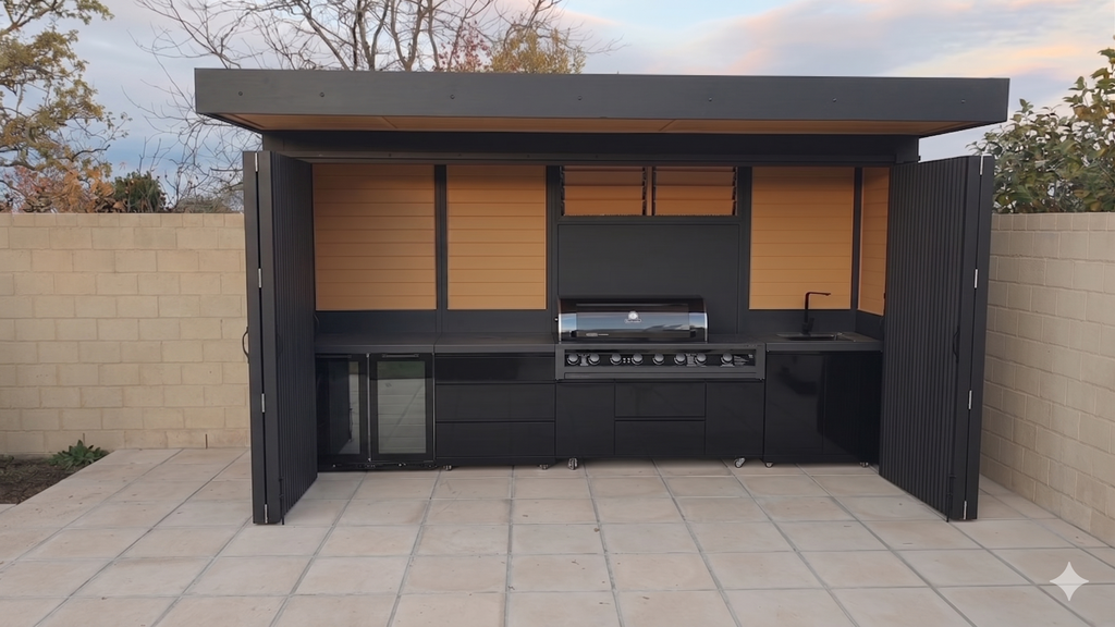 BBQ Enclosure (#4) 4.2m, Bifold WPC Doors & Canopy Roof | Outdoor Kitchen Cover NZ