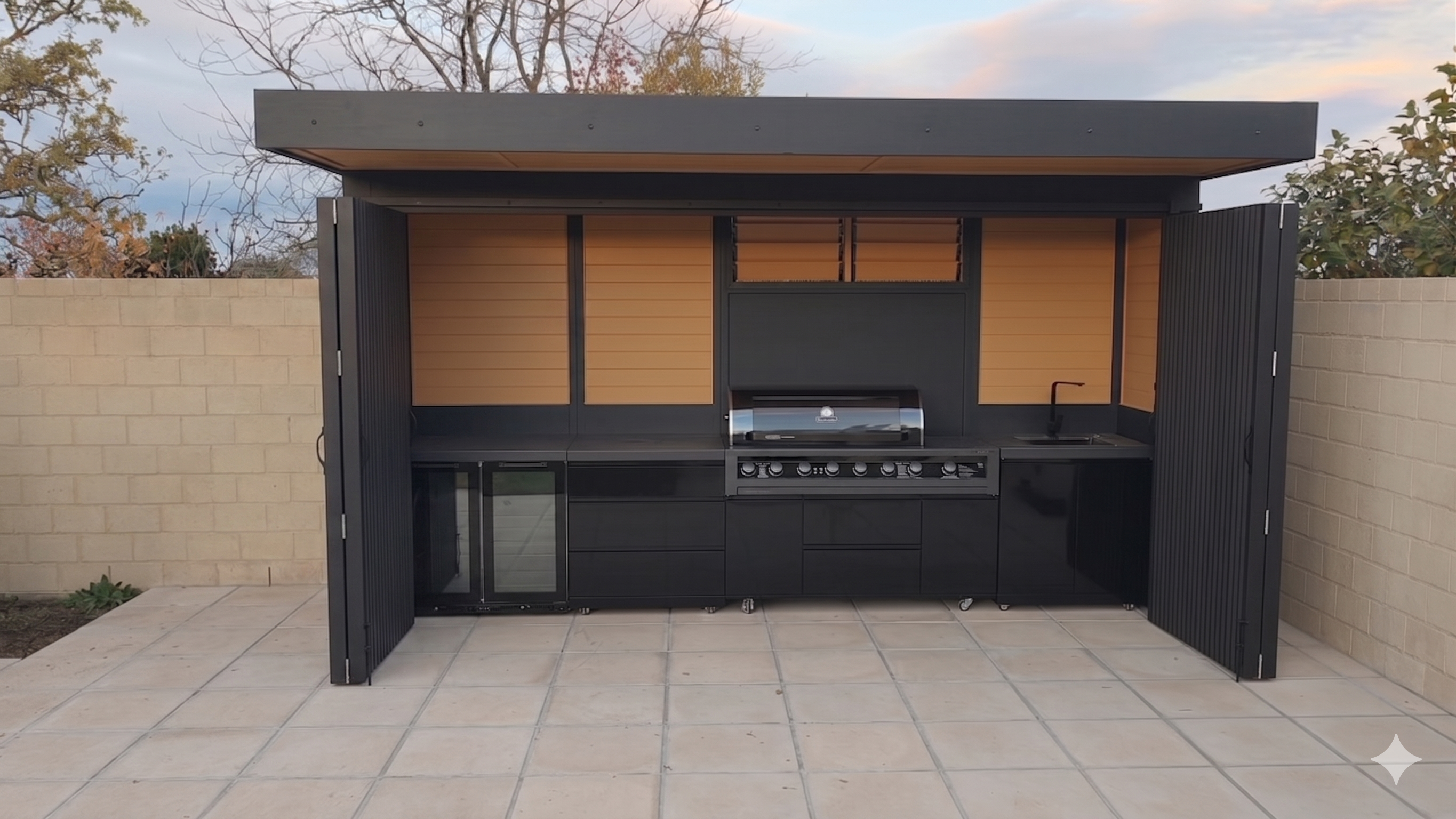 BBQ Enclosure (#4) 4.2m, Bifold WPC Doors & Canopy Roof | Outdoor Kitchen Cover NZ