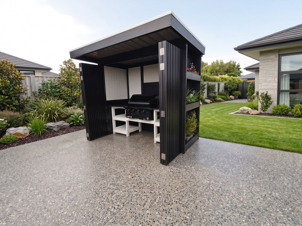 BBQ Pod Outdoor Kitchen Complete (#4) – 2.8m, Matador 4-Burner Built-In BBQ, Bifold Doors & Cantilever Roof