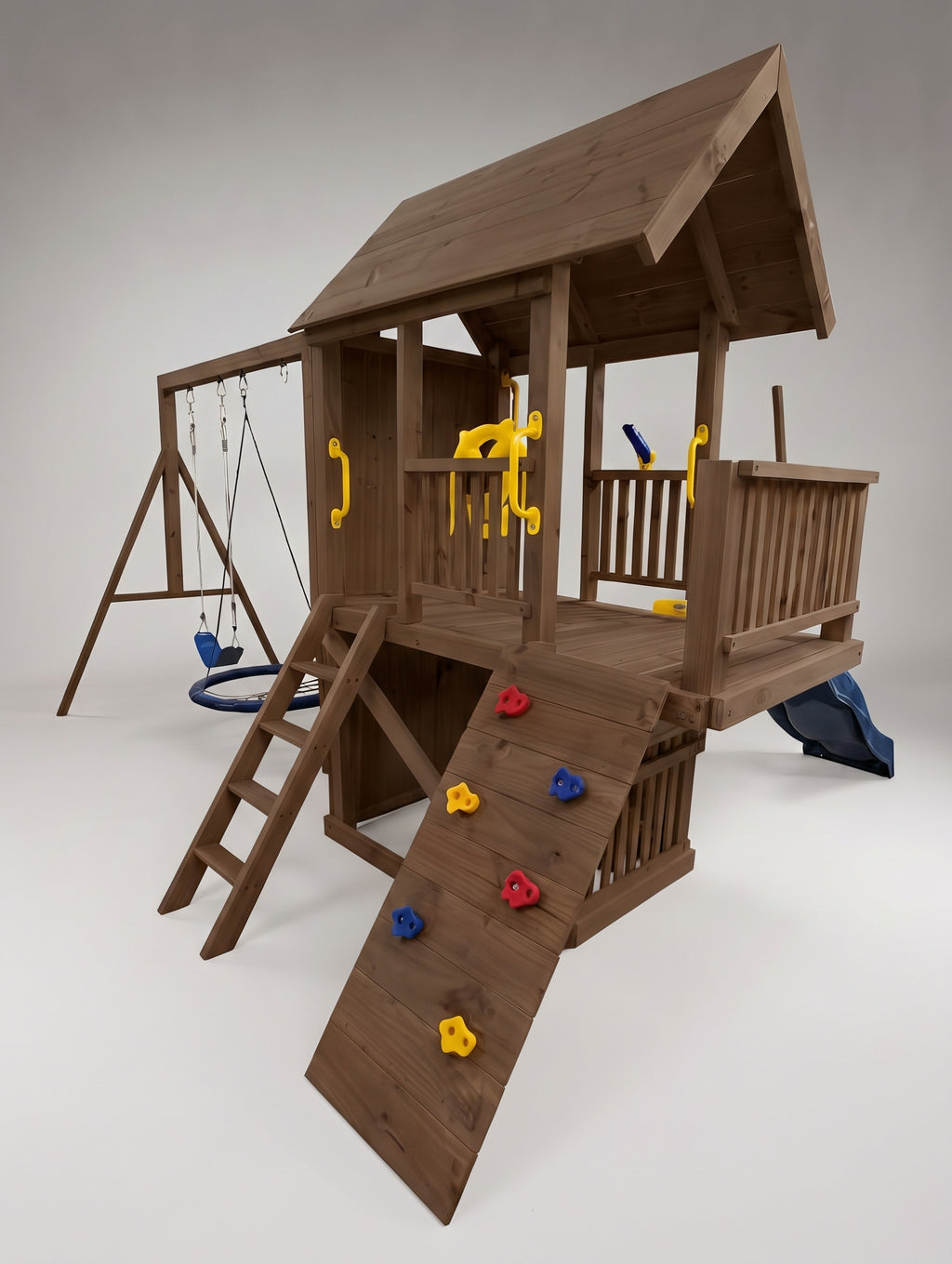 Super Large 2.1mx1.2m Balcony Tower Ultimate (#3)- slide, net and flexi swing and 2x rock walls