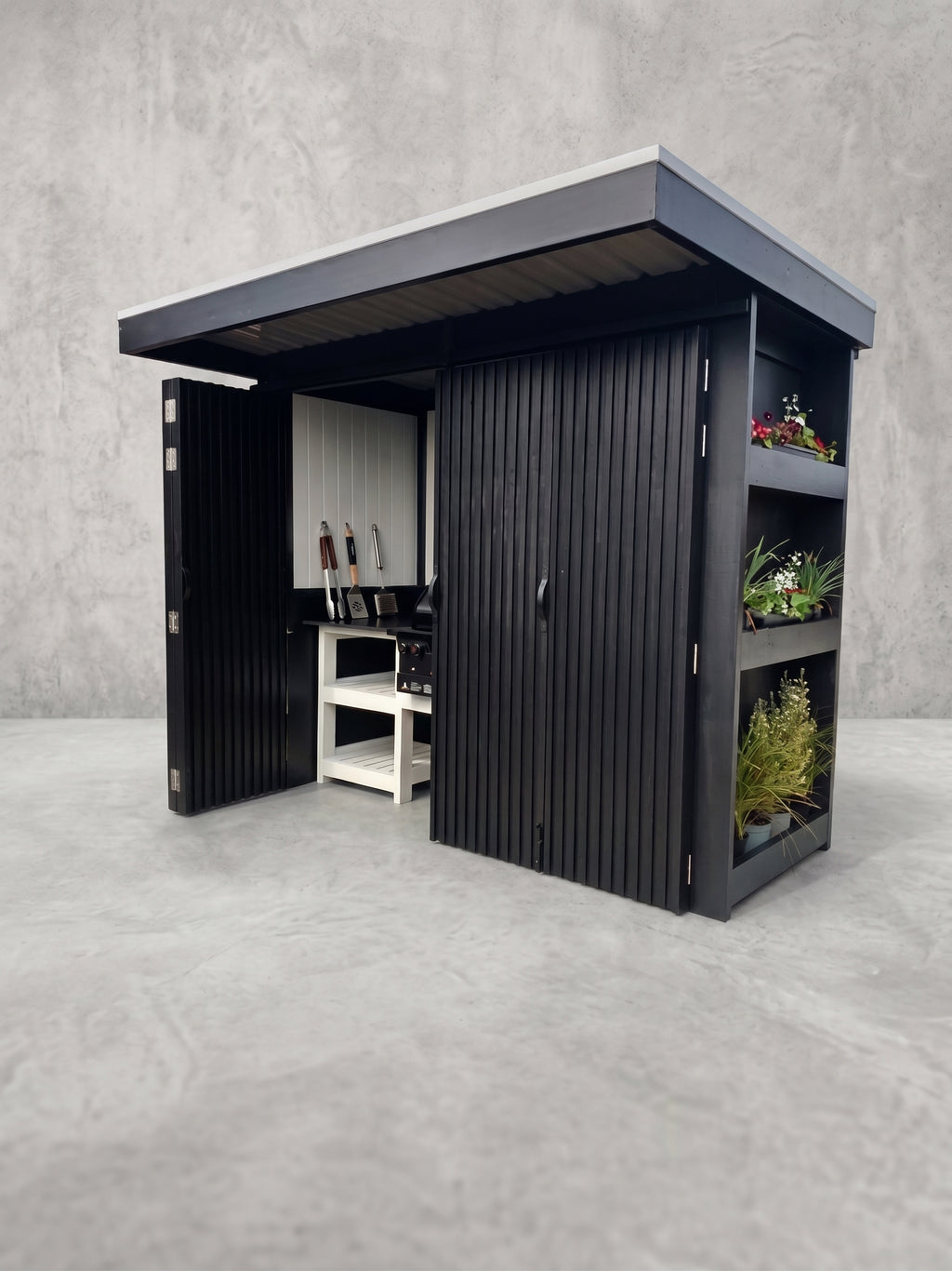 BBQ Pod Outdoor Kitchen Complete (#4) – 2.8m, Matador 4-Burner Built-In BBQ, Bifold Doors & Cantilever Roof