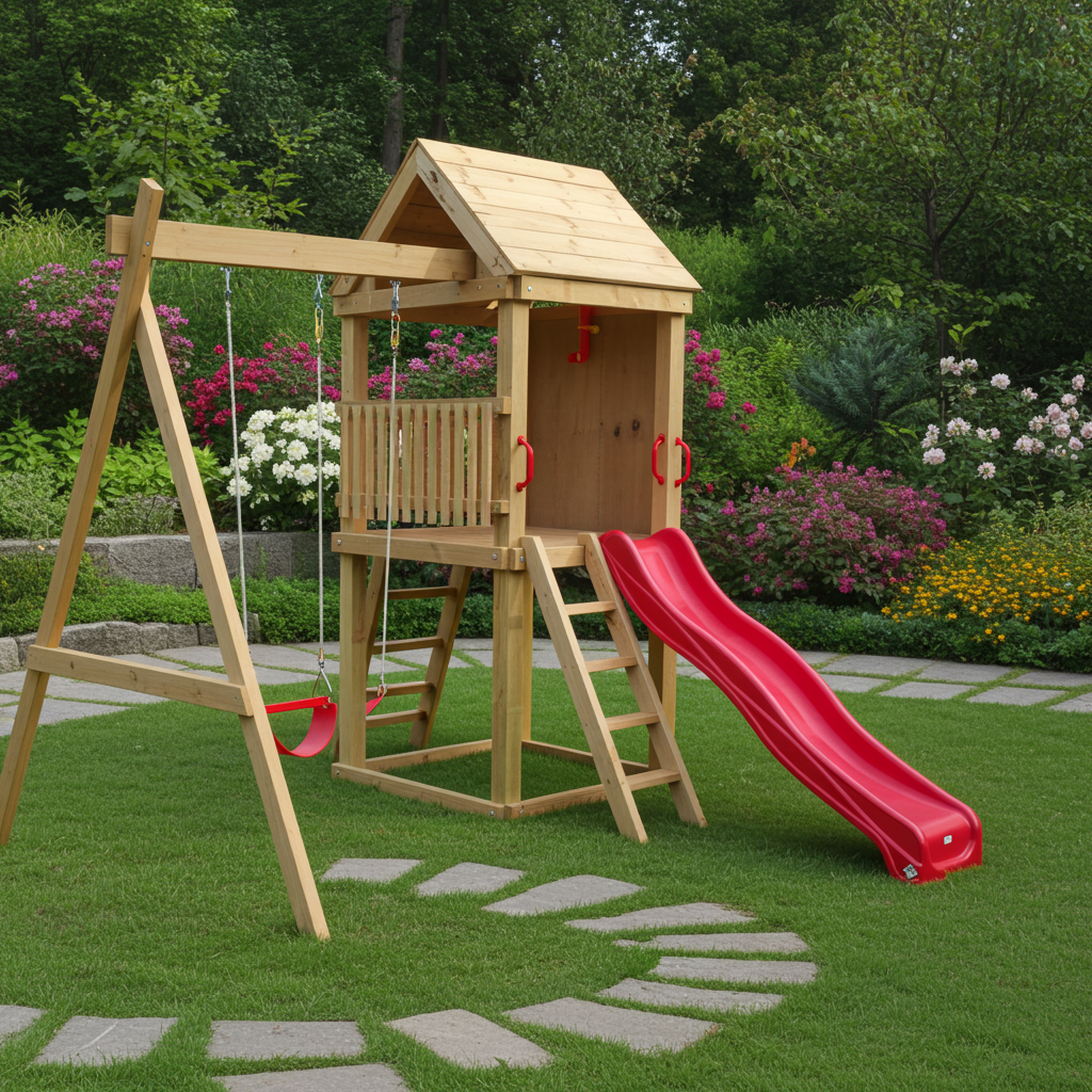 Standard 1.2mx1.2m Play Tower (#4) - with climbing wall, slide and swings