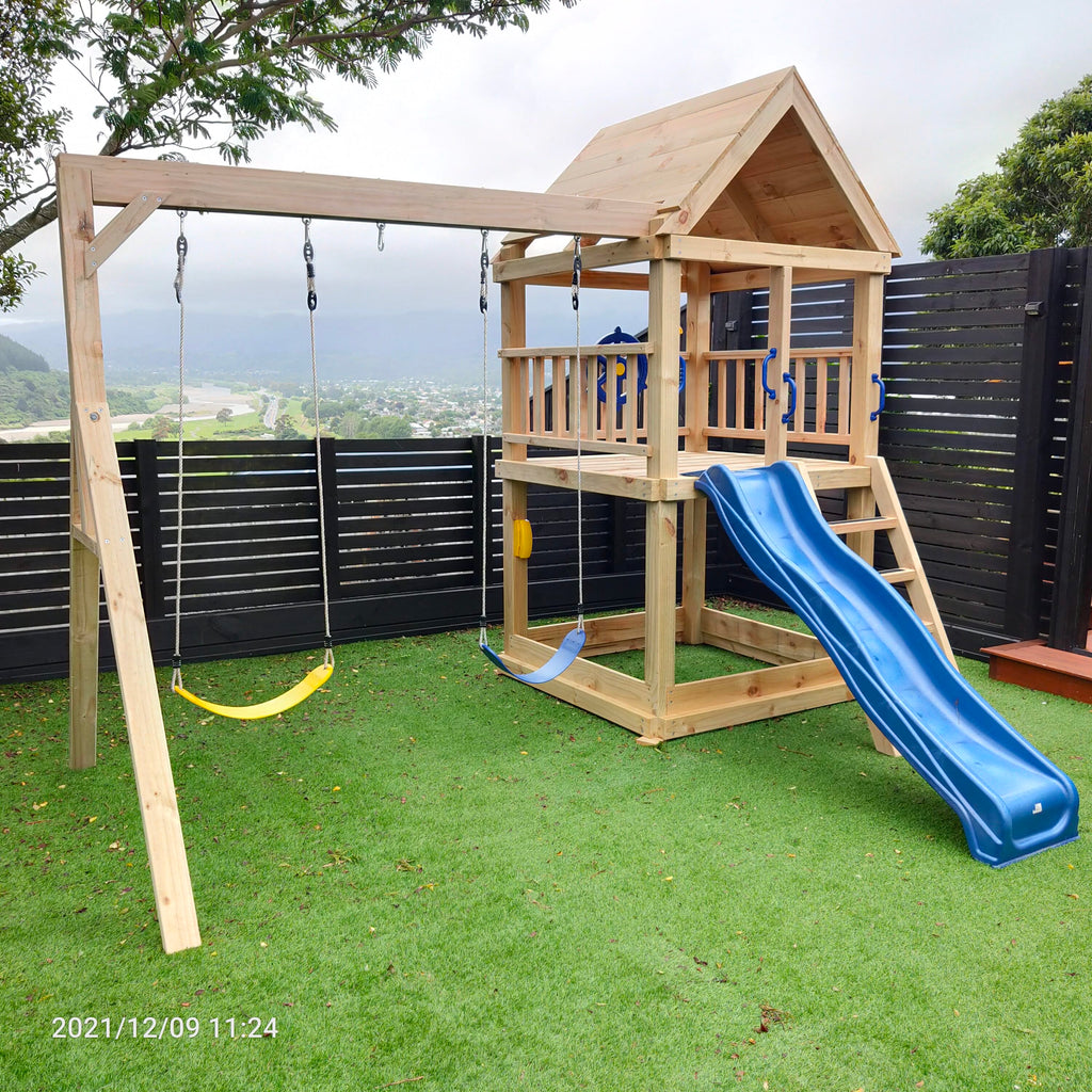 Large 1.5mx1.5m Play Tower (#1) - with slide, sandpit and swings