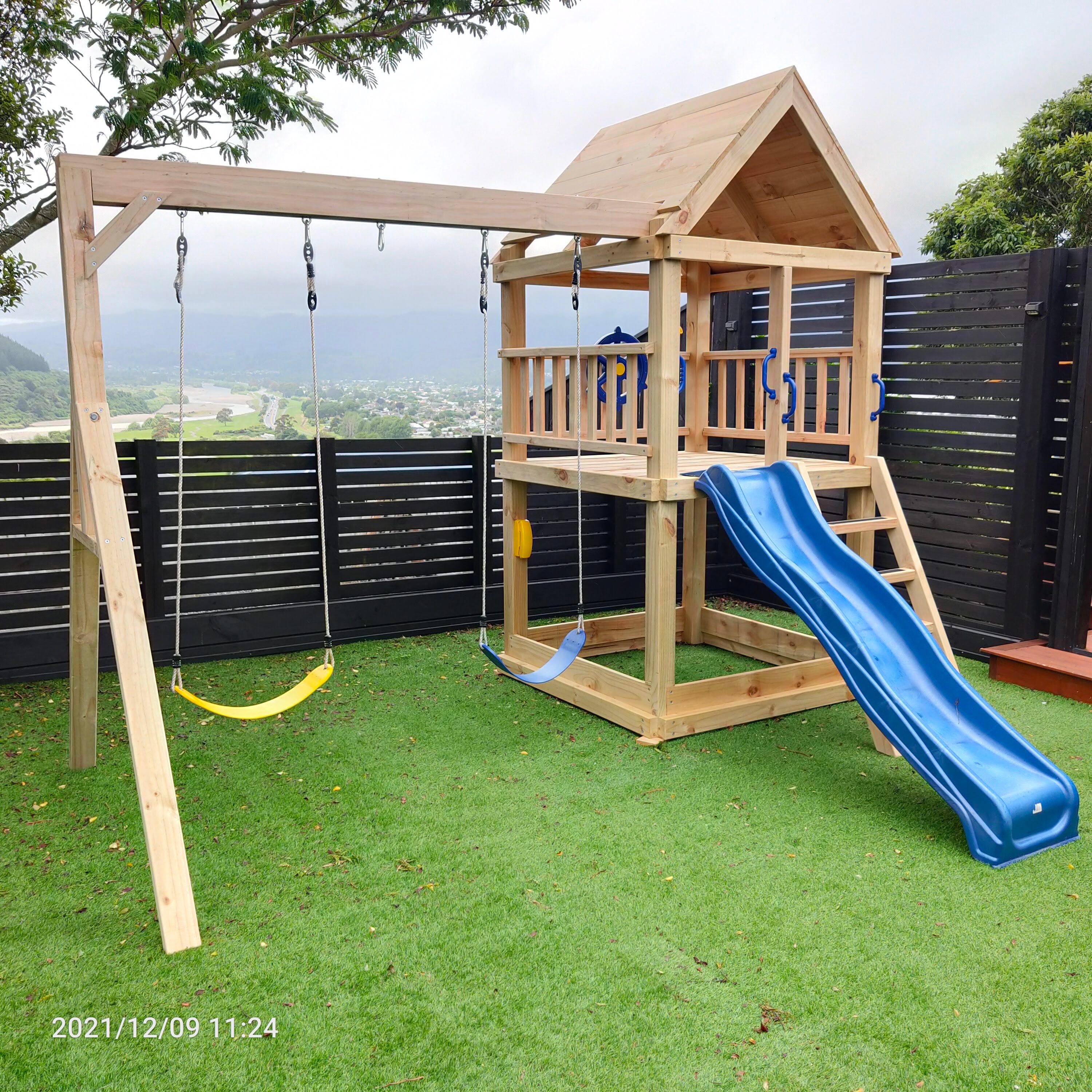 Large 1.5mx1.5m Play Tower (#1) - with slide, sandpit and swings