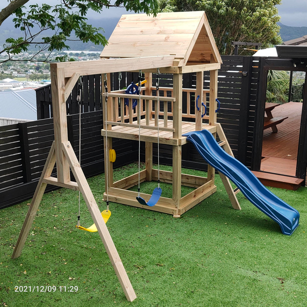 Large 1.5mx1.5m Play Tower (#1) - with slide, sandpit and swings