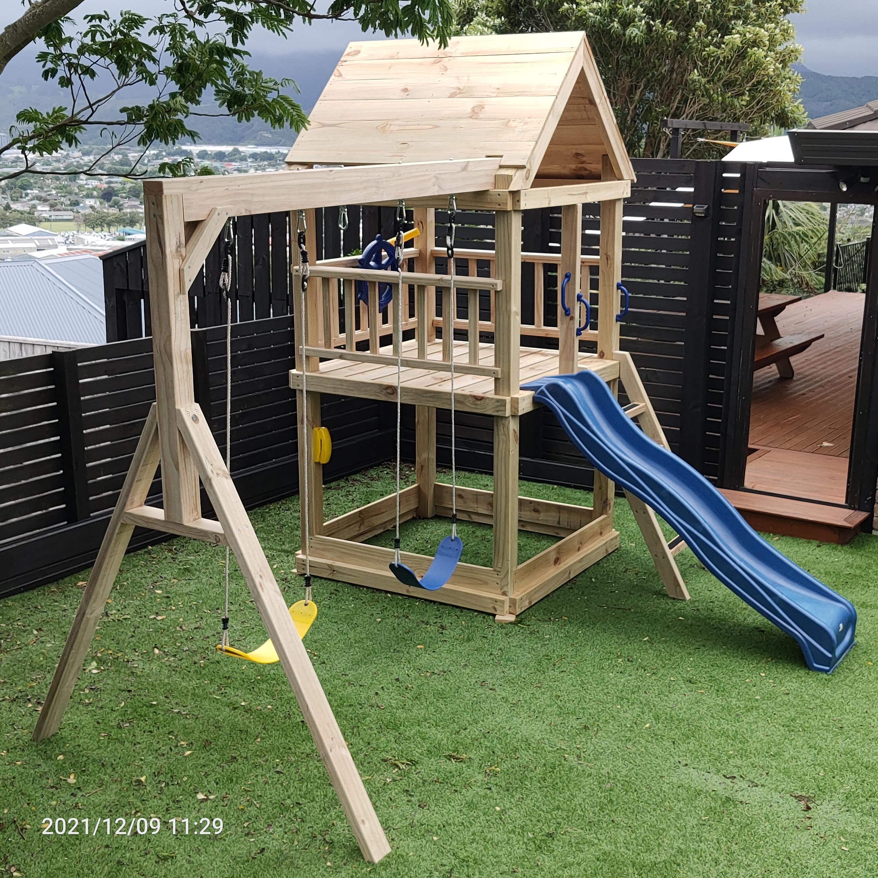 Large 1.5mx1.5m Play Tower (#1) - with slide, sandpit and swings