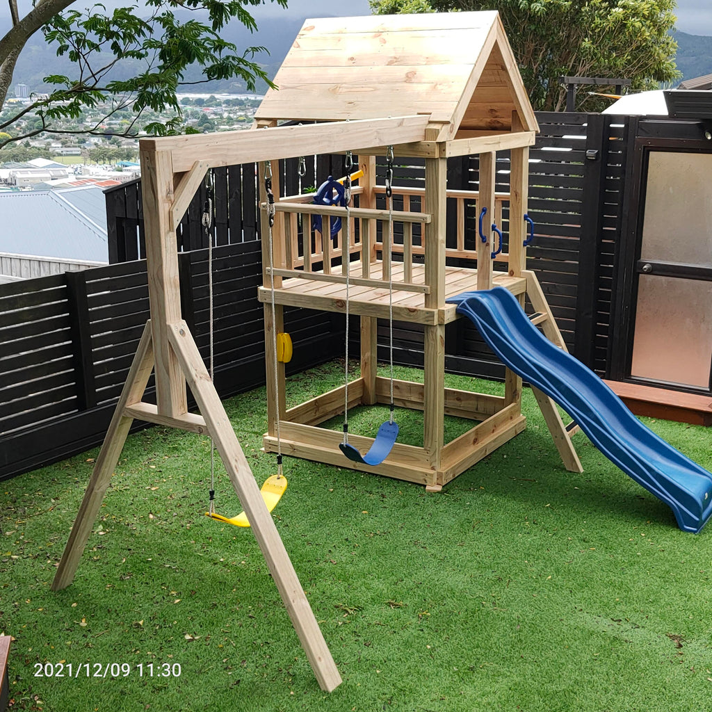 Large 1.5mx1.5m Play Tower (#1) - with slide, sandpit and swings
