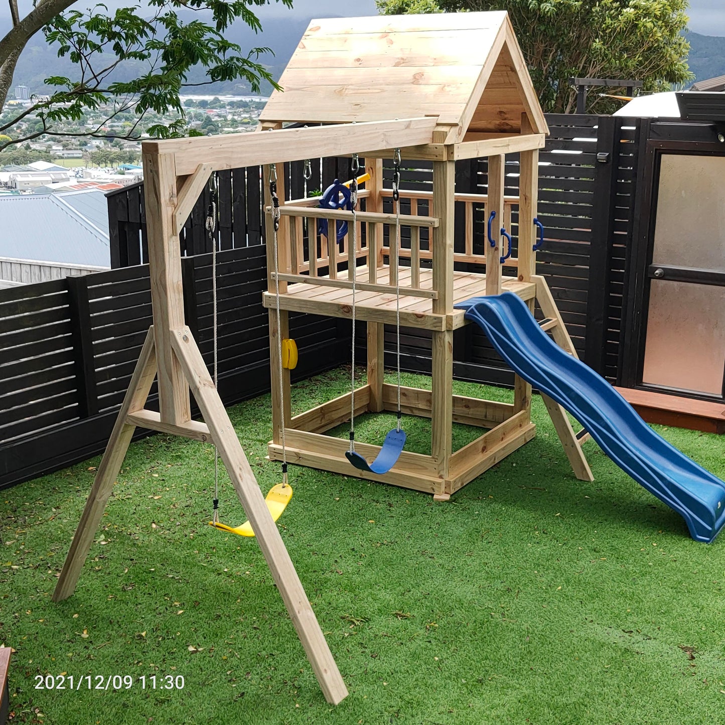 1.5mx1.5m Playground Tower (#1) - with slide, sandpit and swings