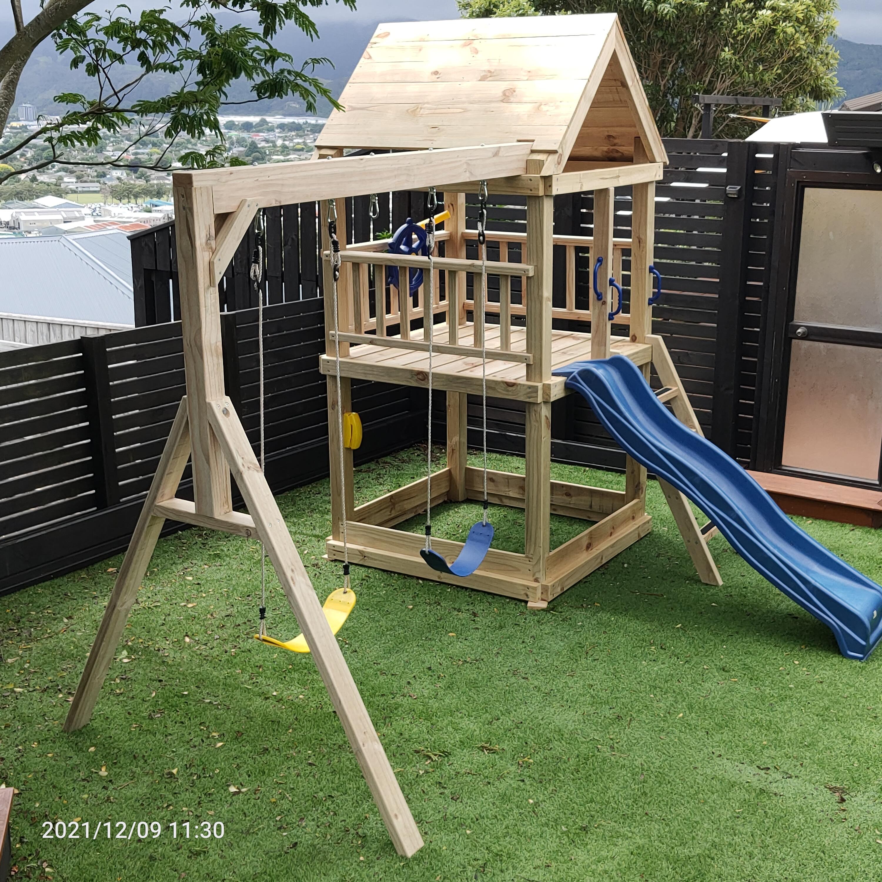 Large 1.5mx1.5m Play Tower (#1) - with slide, sandpit and swings