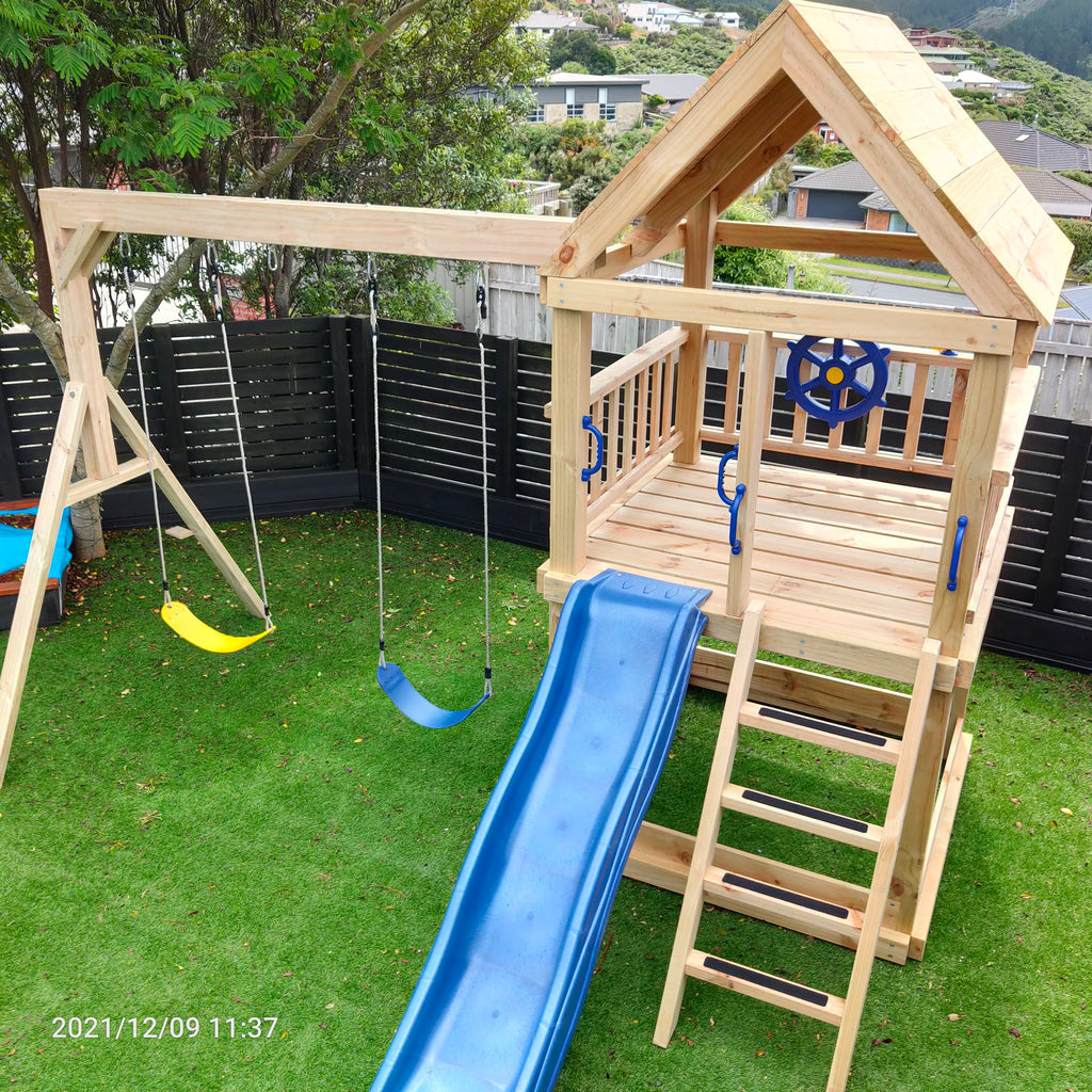 Large 1.5mx1.5m Play Tower (#1) - with slide, sandpit and swings