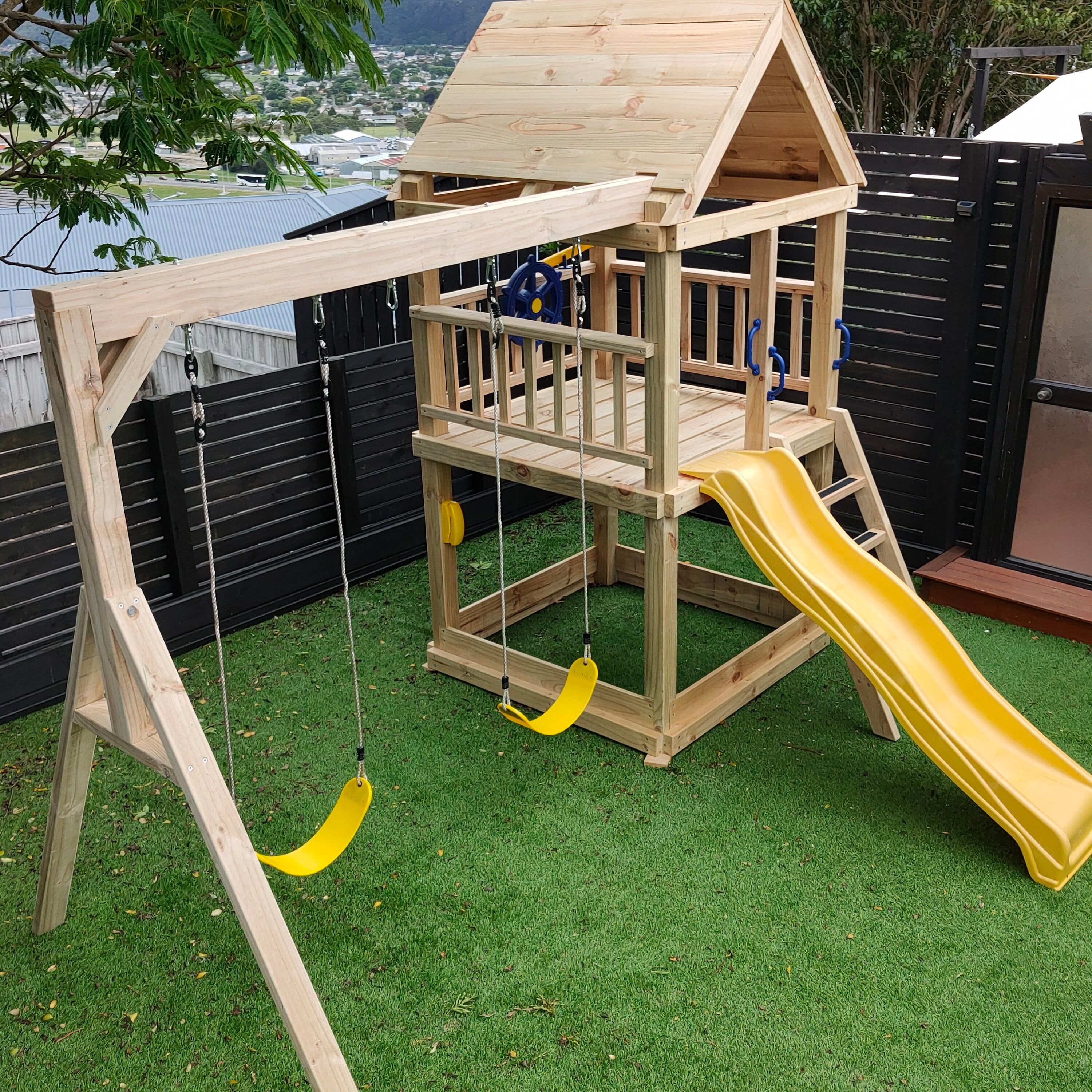 Large 1.5mx1.5m Play Tower (#1) - with slide, sandpit and swings