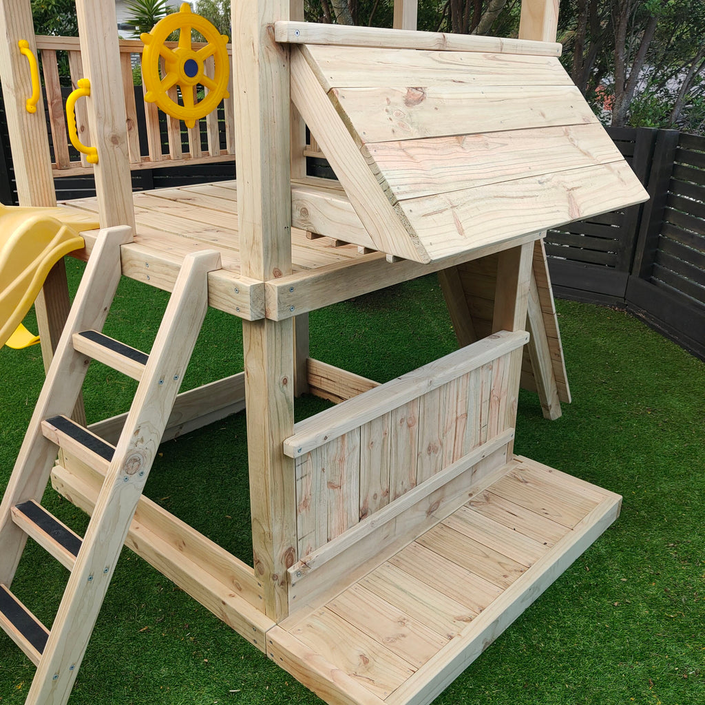Large 1.5mx1.5m Play Tower (#4) - with slide, shopfront, rock wall, sandpit and swings