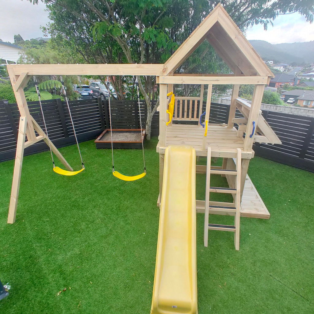 Large 1.5mx1.5m Play Tower (#4) - with slide, shopfront, rock wall, sandpit and swings