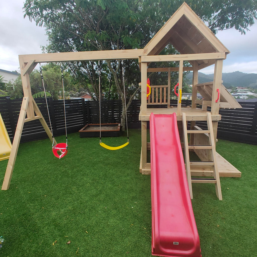 Large 1.5mx1.5m Play Tower (#4) - with slide, shopfront, rock wall, sandpit and swings