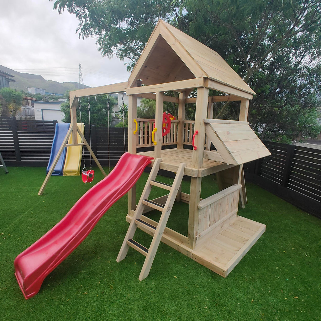 Large 1.5mx1.5m Play Tower (#4) - with slide, shopfront, rock wall, sandpit and swings