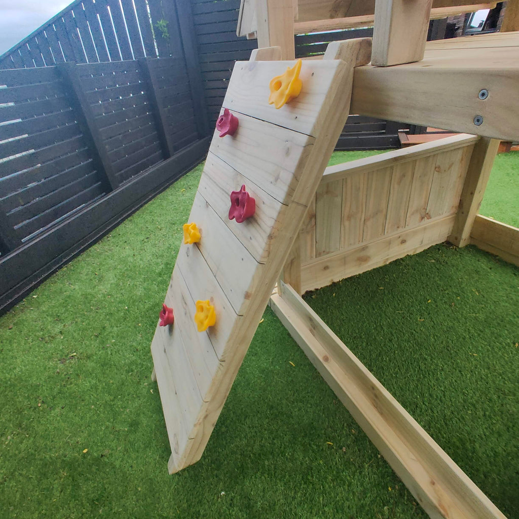 Large 1.5mx1.5m Play Tower (#4) - with slide, shopfront, rock wall, sandpit and swings