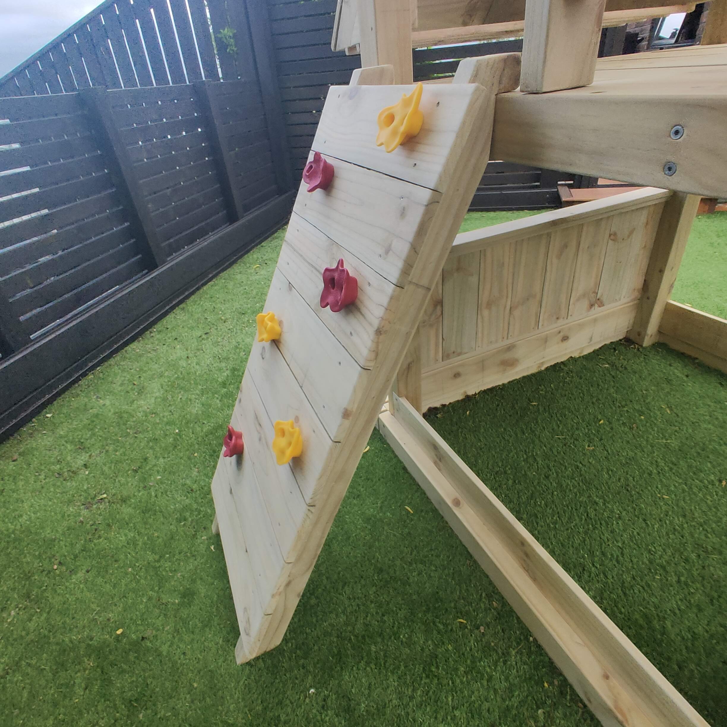 Large 1.5mx1.5m Play Tower (#4) - with slide, shopfront, rock wall, sandpit and swings