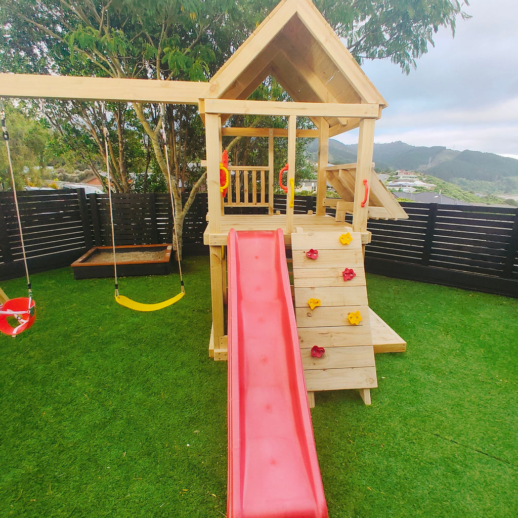 Large 1.5mx1.5m Play Tower (#4) - with slide, shopfront, rock wall, sandpit and swings